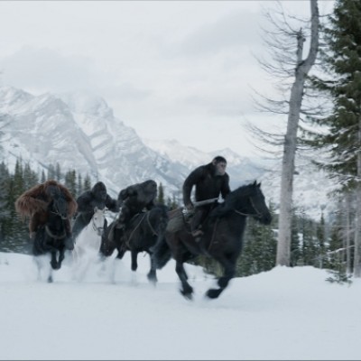 Apes on horseback with mountains